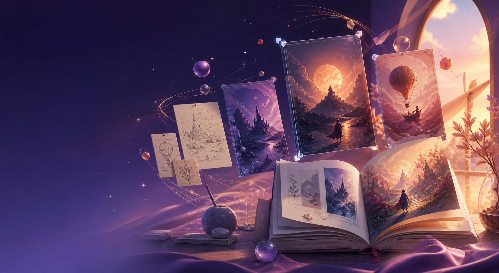 Dreamlike cover art and an illustrated book emerging from a creative workspace