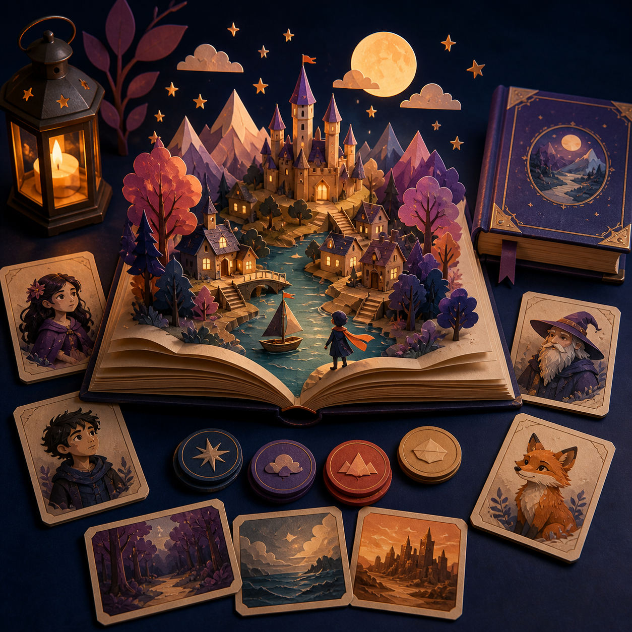 An illustrated story world rising from an open book